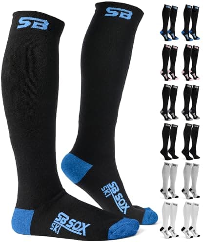 SB SOX 2-Pair Merino Wool Ski Socks for Men & Women (Black/Blue, Large)