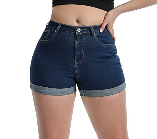 Laeyzuo Women's High Waisted Stretch Shorts Jeans Foldead Hem Fashion Denim Shorts (X-Large, Dark Blue)