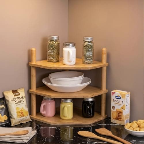 3‑Tier Bamboo Corner Shelf, Countertop Storage & Plate Rack Organizer
