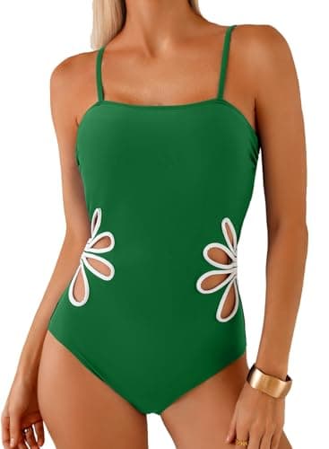 Herseas Women's Floral Cutout High Cut Sexy One Piece Swimsuit Dark Green L