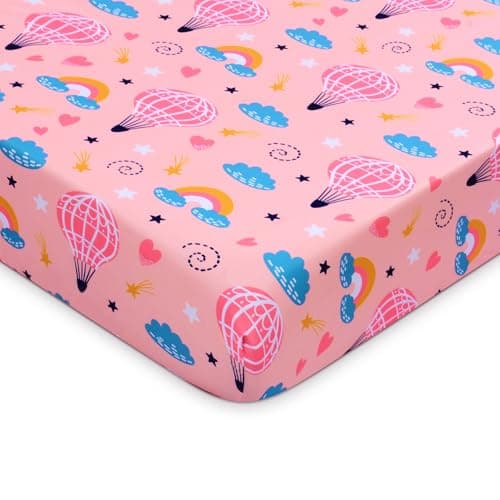 YHITBG Baby Fitted Crib Sheet Soft Microfiber 52" x 28" Crib Mattress Sheet for Girls Breathable Baby Bedding with Hot Air Balloons Design Pink