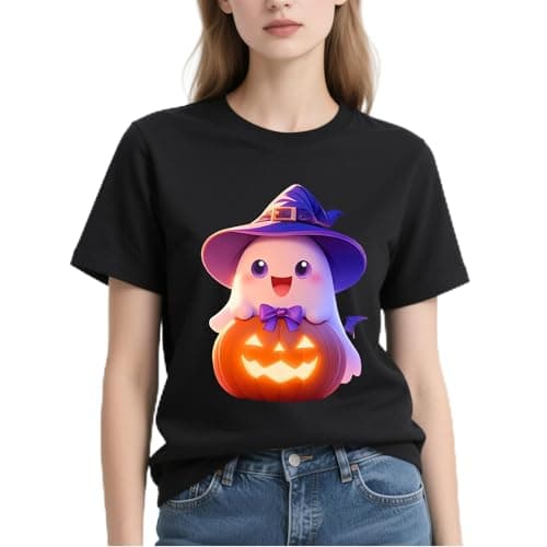 IRUD Halloween Shirts for Women - Pumpkin Ghost Wizard Hat Pattern Round Neck Short Sleeve