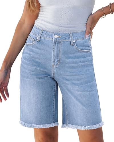 luvamia Womens Jean Shorts Trendy Bermuda Shorts for Women Mid Rise Raw Hem Knee Length Summer Casual Cut Off Jorts Women Powder Blue Size Medium Fits US 8-10