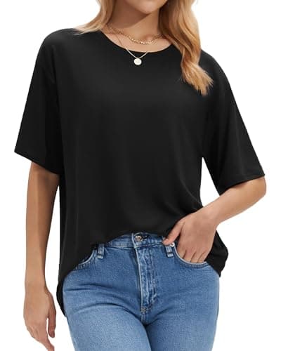 Stelle Black T Shirts for Women Oversized Crew Neck Short Sleeve Summer Tops Loose Fit Soft Basic Tee Shirt X-Large