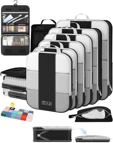 OlarHike 10 Set Compression Packing Cubes for Travel Essentials,Compressible Expandable Space Saver Bags for Organizing Clothes,Luggage Suitcase Garment Bags with Over 1000 pcs Mesh Holes(Black)