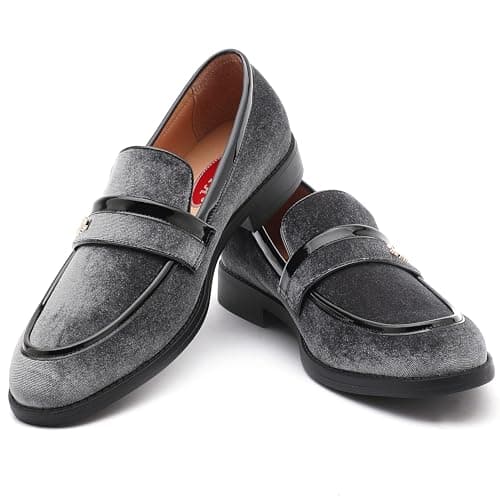 XQWFH Mens Grey Velvet Loafers Gold Letter Ornament Slip On Dress Shoes