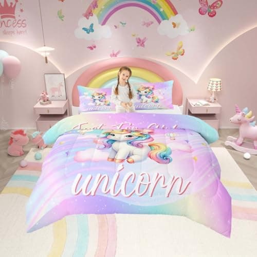 Erosebridal Girls Unicorn Bedding Set Full Size, Rainbow Purple Unicorn Comforter Set for Kids Girls Bedroom Decor, Cute Pink Bows Bowknot Bed Set, Reversible Stars Comforter 3-Piece Ultra Soft