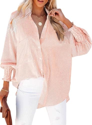 Womens Button Down Blouse Striped Smocked Cuffed Boyfriend Shirt