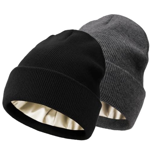 2 PCS Unisex Beanie Hats for Men Women Winter Knit Satin Lined Beanies Silk Lining Soft Slouchy Warm Cuffed Beanie Hat Black DeepGrey
