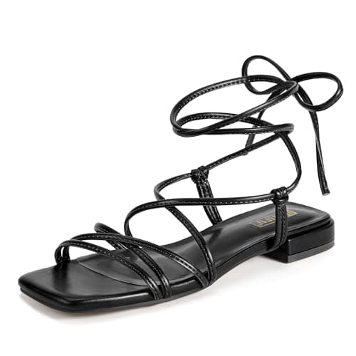 IDIFU Strappy Lace Tie Up Ankle Wrap Straps Black Flat Sandals for Women
