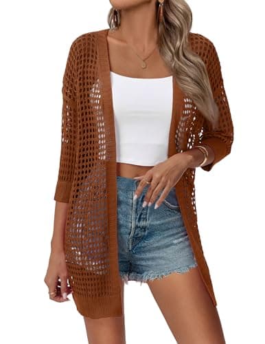 Zeagoo Plus Size Cardigan for Women Lightweight Crochet Short Sleeve Summer Kimonos Boho Open Front Knitted Sweater Caramel