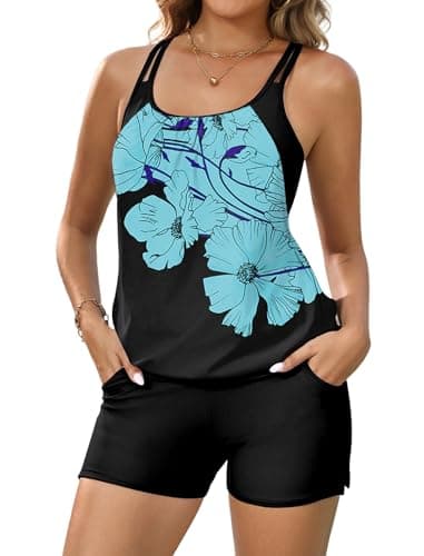 Arolina Plus Size Tankini Swimsuits for Women Over 50 Tummy Control Blouson Swim Suits with Shorts Blue Flowers (16W)