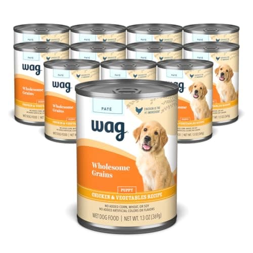 Amazon Brand - Wag Wholesome Grains Canned Wet Dog Food, Chicken & Vegetables Paté, Puppy Recipe, 13 Ounce (Pack of 12)