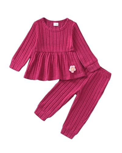 Mioglrie Toddler Girl Clothes 2t 3t Baby Fall Winter Outfits Sweatshirt Top Cute Rose Red Rib Clothing Solid Casual Pants Set for Toddler Girls