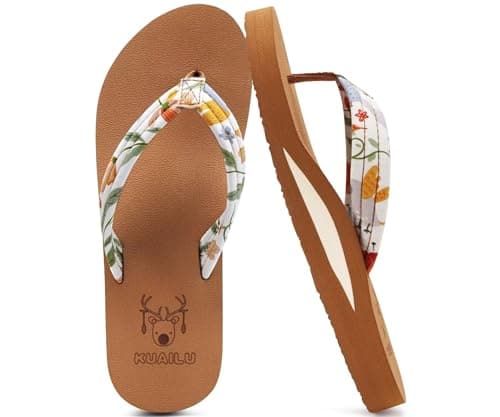 KuaiLu Flip Flops for Women Arch Support Summer Beach Sandals Beige Size 11