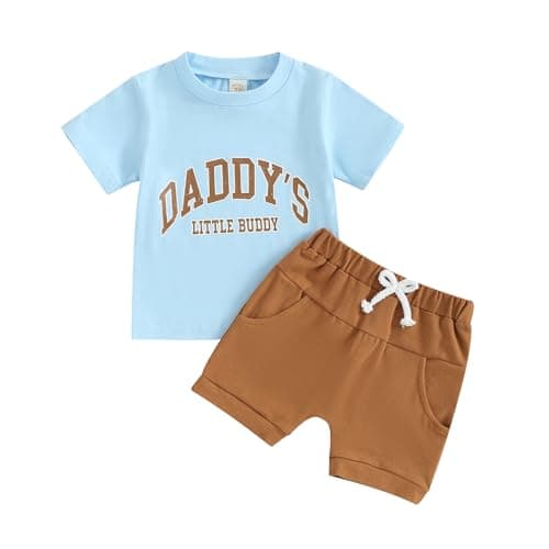FOCUSNORM Newborn Baby Boy Outfits Daddys Boy Short Sleeve T-Shirt Elastic Waist Short Sets Toddler Infant Summer Clothes (Sky Blue, 2-3 Years)