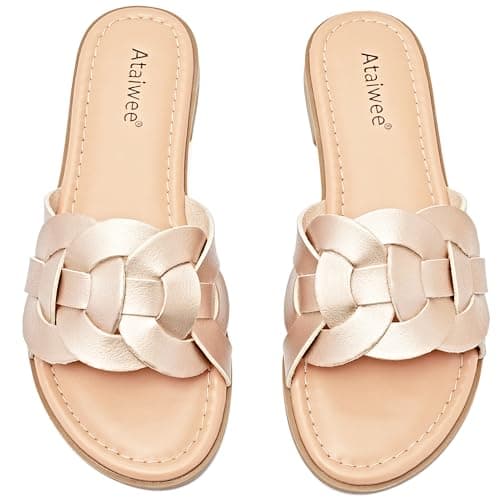 Ataiwee Women's Braided Flat Slide Sandals - Chic Summer Shoes with Round Toe and Cover Strap Detail, Easy Slip-On Design, Rubber Sole Strappy Sandals.(2307012,GD/MF,11)