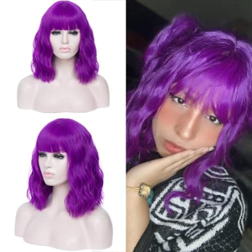 DWMGLP 14" Short Dark Purple Curly Wig For Women Girls Heat Resistant Fiber Wigs Halloween Cosplay Daily Party+Cap (Dark Purple)