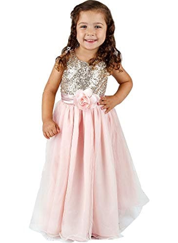 Bow Dream Flower Girl's Dress Gold Sequins Blush Pink 4 Years