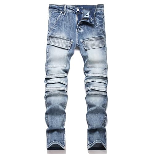 XIMXIMMTIAN Men Slim Fit Jeans Fashion Biker Jeans for Men Stretch Designer Distressed Straight Denim Pants (30, 2201 Blue)