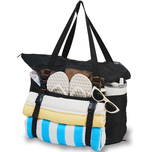 KOKKOYA 40L Mesh Beach Bag with Zipper Top Towel Holder Pool and Water Park