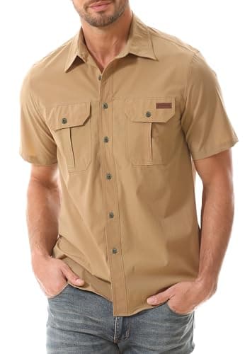 Zyvrenix Men's Outdoor Short Sleeve Button Down Shirts with Pocket Khaki S
