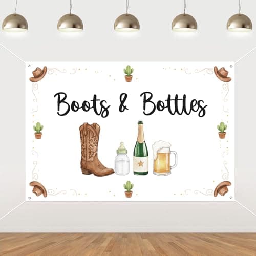 Wonmelody Boots and Bottles Baby Shower Backdrop for Western Party Decor 5x3ft Vinyl Cowboy Boots Banner with Grommets & Ribbon Rustic Country Bubbles and Brews Photo Background for Parents-to-Be