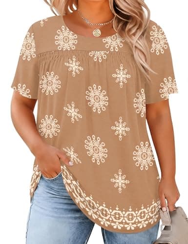 Micoson Womens Tops Plus Size Chiffon Shirts Short Sleeve Pleated Tunic Tops Dressy Crewneck Blouse,Khaki Print 5XL