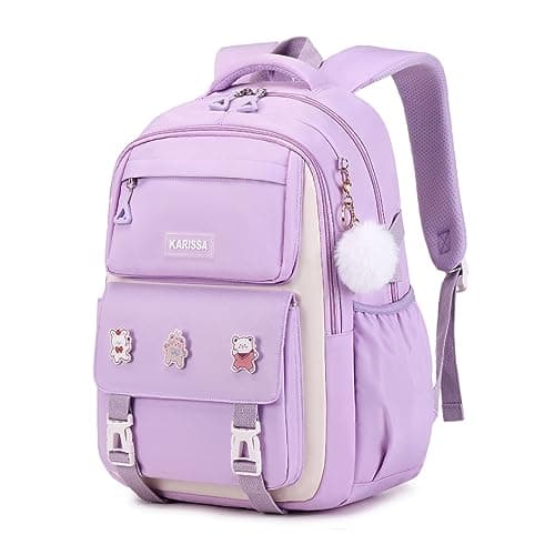 PIG PIG GIRL Girls Backpack, Kids Backpack for Girls with Anti-theft Back Pocket, Lightweight School Back Pack Water Resistant Bookbag for Elementary Primary School, Purple