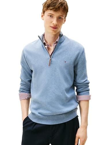 Tommy Hilfiger Mens Long Sleeve Cotton Quarter Zip Pullover Sweater, Navy Heather, XX-Large US