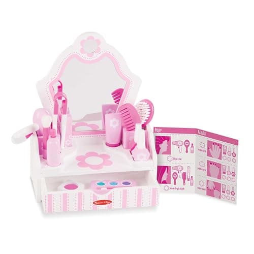 Melissa & Doug Wooden Beauty Salon Play Set, 18-Piece Vanity with Pretend Play Toys, Makeup, Mirror, Accessories & More, Preschool Toys for Girls & Boys Ages 3+ - FSC Certified