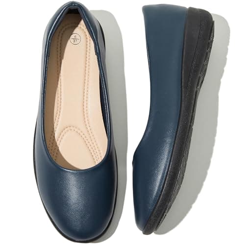 Women's Comfortable Black Leather Dress Shoes - Round Toe Ballerina Flats for Office & Work (Navy.us8)