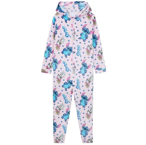 Disney Stitch Kids Fleece Jumpsuit with Hood, Pockets, Soft One-Piece Pajamas, Sleepwear Lounge Wear, Gifts for Girls Boys (Multi Stitch, 13-14 Years)