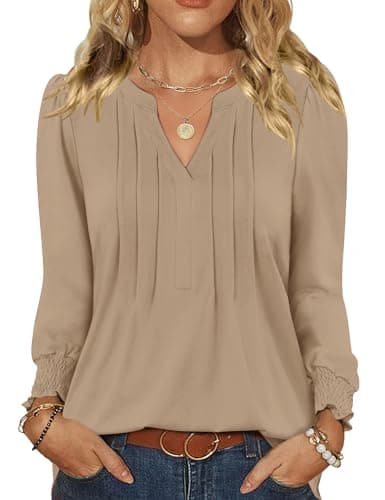 LOMON Long Sleeve Shirts for Women Fall Fashion Womens Tunics or Tops to Wear with Leggings Ladies Tops and Blouses Khaki S