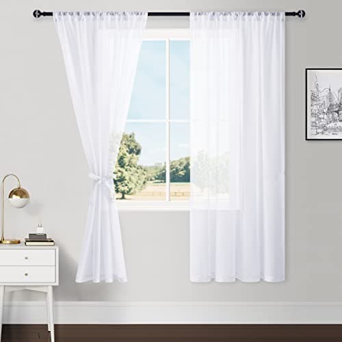 Hiasan White Sheer Curtains for Bedroom with Tiebacks, Rod Pocket Light Filtering Lightweight Voile Window Curtains for Living Room, Kids' Room and Nursery, W42 x L45, Set of 2 Soft Drape Panels