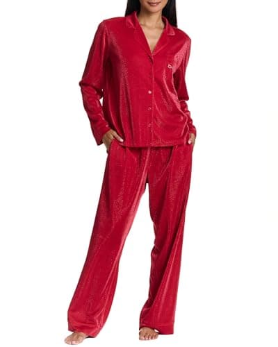 bebe Red Pajamas for Women Set Metallic Shimmer, Womens Button Down Pajama Sets Loungewear (Crimson, Small)