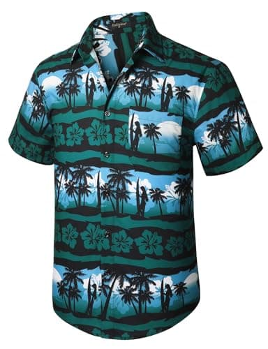 Hawaiian Coconut Tree Shirts for Men Short Sleeve Casual Summer Beach Vacation Aloha Shirt Dark Green Hawaii Button-Down Tropical Floral Shirt
