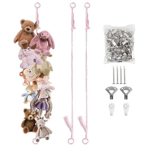 Munzong 2 Pack Pink Hanging Stuffed Animal Storage Chain, 80 Inch Cotton Stuffed Animal Display Holder with 40 Metal Clips for Corner Wall Decor Play Room
