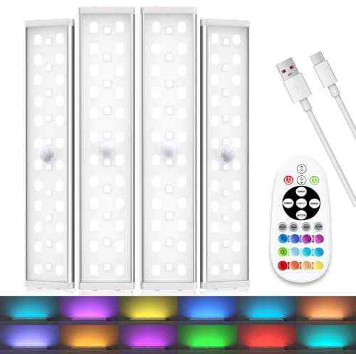 Diomart Under Cabinet Lighting, RGB Rechargeable Motion Sensor Light Indoor Night Lights, 58 -LED Remote Control Under Counter Lightis for Kitchen, Wardrobe, Hallway, Stairs, Desk(4 Pack)