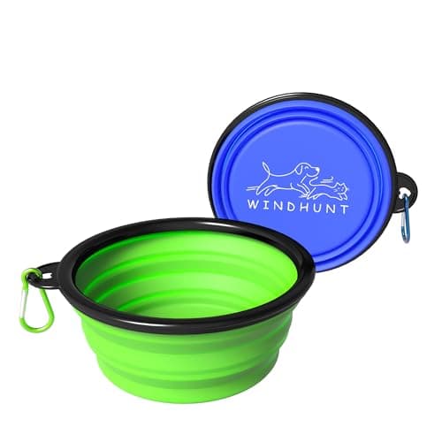 2-Pack Collapsible Dog Bowls, Portable Travel Pet Bowl with Carabiner – Foldable Silicone Feeding Dish for Dogs and Cats On-The-Go (Green + Blue)