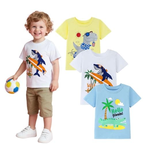 HILEELANG Kids Boy Summer Short Sleeve Tees White Shark Shirts Cotton Casual Graphic Crewneck T Shirts 3PC Size 6