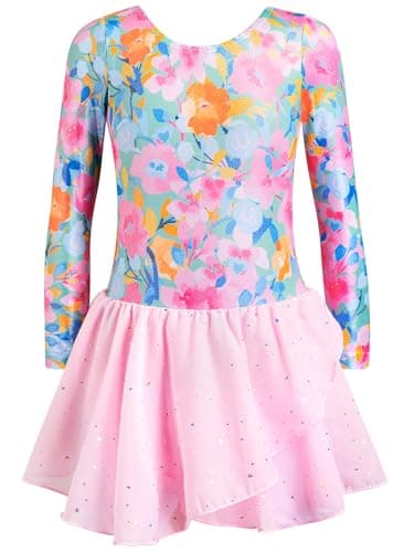 Gymnastics Leotards for Girls Ballet Dance Outfit 6 7 Toddler Leotard Tutu Dress Sleeveless Purple Leopard Skirt (Green Pink Floral, 6-7 Years)
