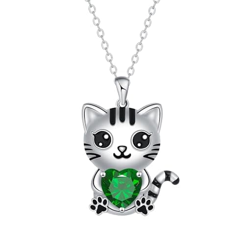 CASOLVX Cat Necklace for Women Rhinestone Heart Pendant Necklace Green