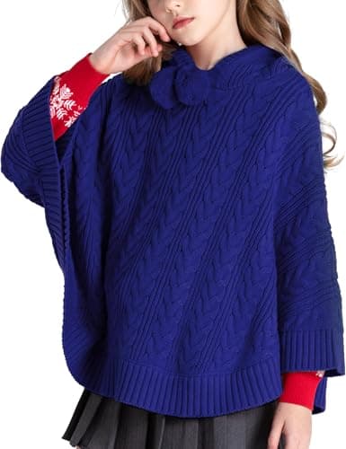 BOBOYOYO Cape for Girls Hooded Cable Knit Poncho Sweaters Kids Shawl