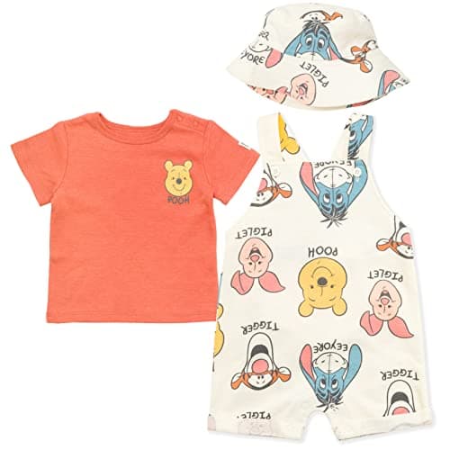 Disney Winnie the Pooh Newborn Baby Boys Short Overalls French Terry T-Shirt and Hat 3 Piece Outfit Set Newborn