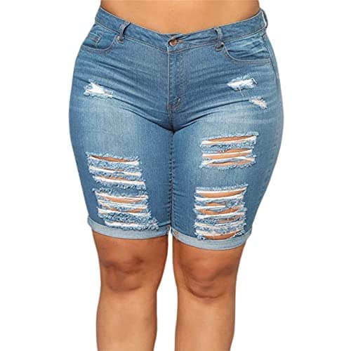 Laeyzuo Women's Plus Size Denim Shorts High Waisted Ripped Folded Hem Summer Jean Shorts (14, Blue)