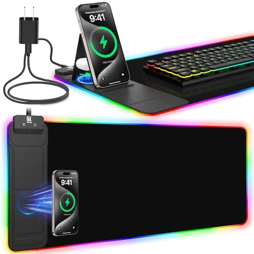 RGB Mouse Pad with Foldable Phone Stand Wireless Charger, 31.5"x11.8" XL Gaming Mousepad Large Desk Mat, Desk Pad with 11 Colors 5 Modes, Waterproof