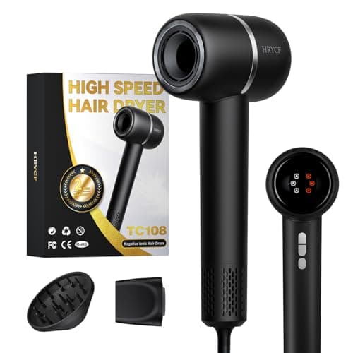 Ionic Hair Dryer Fast Drying, Thermo-Control Professional Blow Dryer, Low Noise, Lightweight, Magnetic Diffuser and Concentrator for Curly & Straight Hair, 160000 RPM High-Speed Brushless Motor, Black