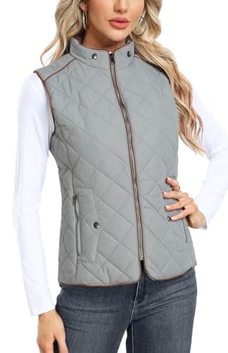 Dilgul Women's Quilted Vest Stand Collar Trendy Lightweight Zip Padded Vest with Pockets Grey 2XL