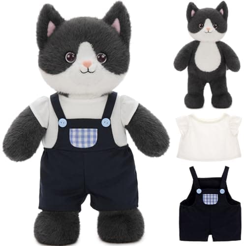 MorisMos Blue Cow Cat Stuffed Animal with Navy Overalls Clothes Outfit, 16'' Large Stuffed Cat Toy for Kid Girl Boy, Soft Farm Animal Toy, Kitty Dress Up Doll Gift for Christmas Birthday Decor